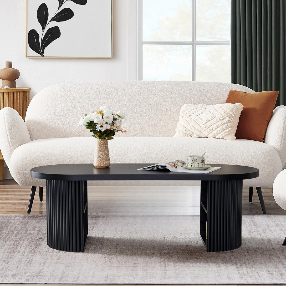 Oval Fluted Coffee Table, 47" Farmhouse Wood Coffee Table Mid Century Modern Center Table Boho Living Room Tables for Living Room Office,Black