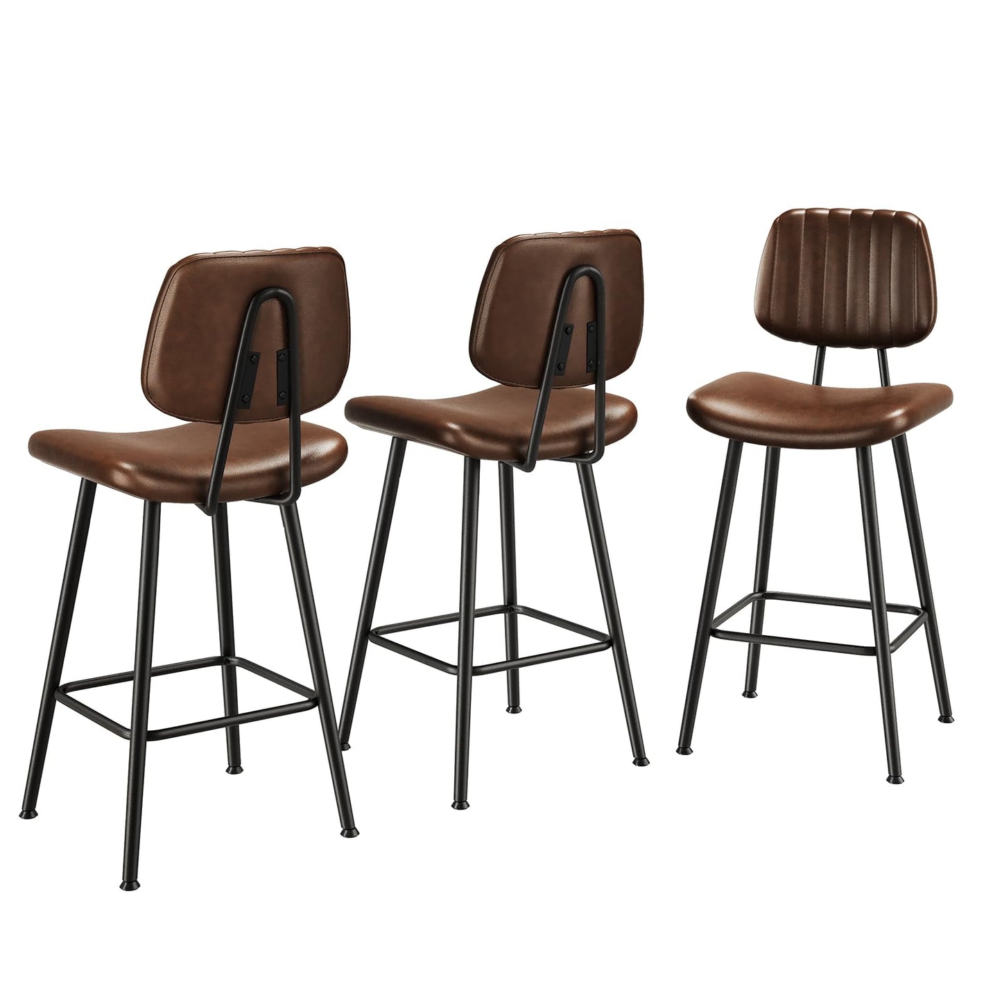 Raynesys 24-Inch Leather Bar Stools Set of 3 with High Backrest, Dark Brown