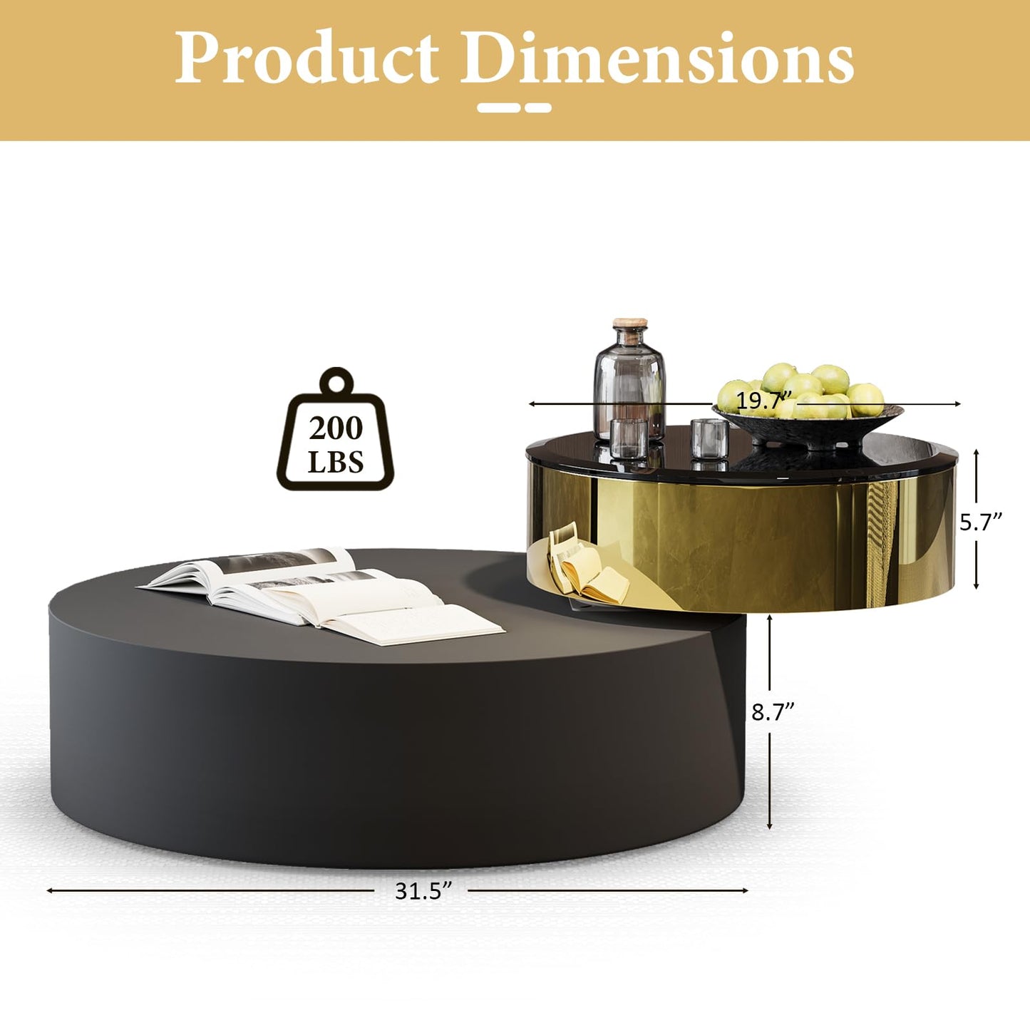 Black Round Rotatable Gold Top Coffee Table, 2 Tier Circle Coffee Table with 360° Swivel Top, 31.5 in Modern Luxury Center Table with Tempered Glass Tabletop for Living Room