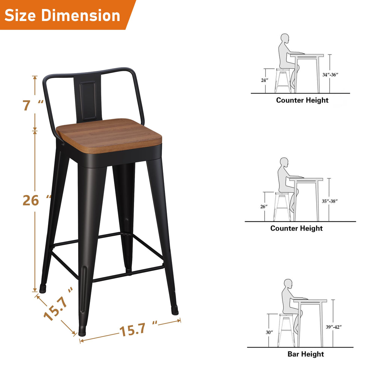 POINTANT Bar Stools Set of 4 Metal Bar Stool Counter Height Bar Stools 26" Black Modern Bar Chairs with Back and Wooden Seat Bar Stool Counter Height