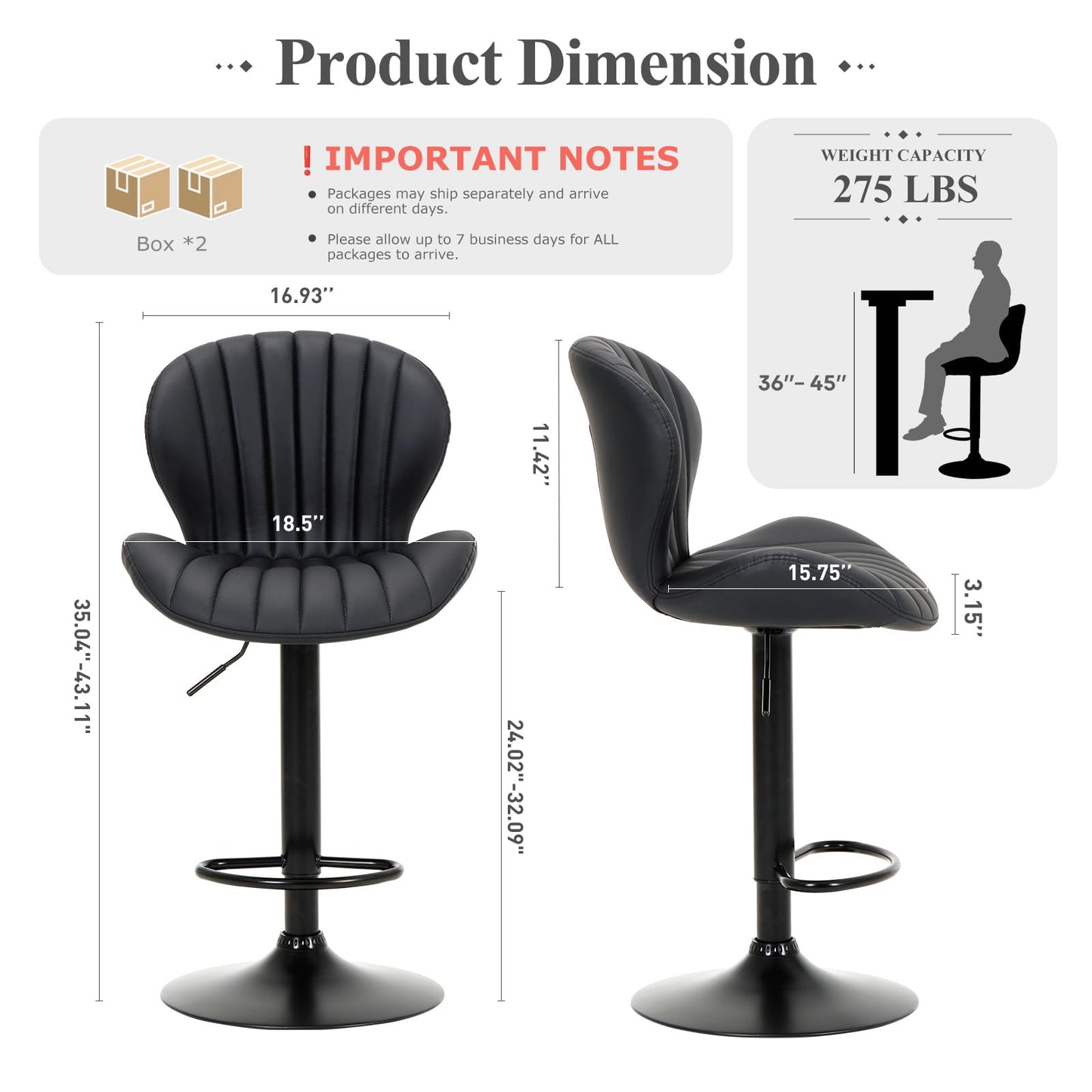 COLAMY Bar Stools Set of 4, Modern Swivel Bar Chairs, Adjustable Faux Leather Upholstered Barstools Counter Height with High Backrest for Bar, Kitchen Island, Dining Room, Black