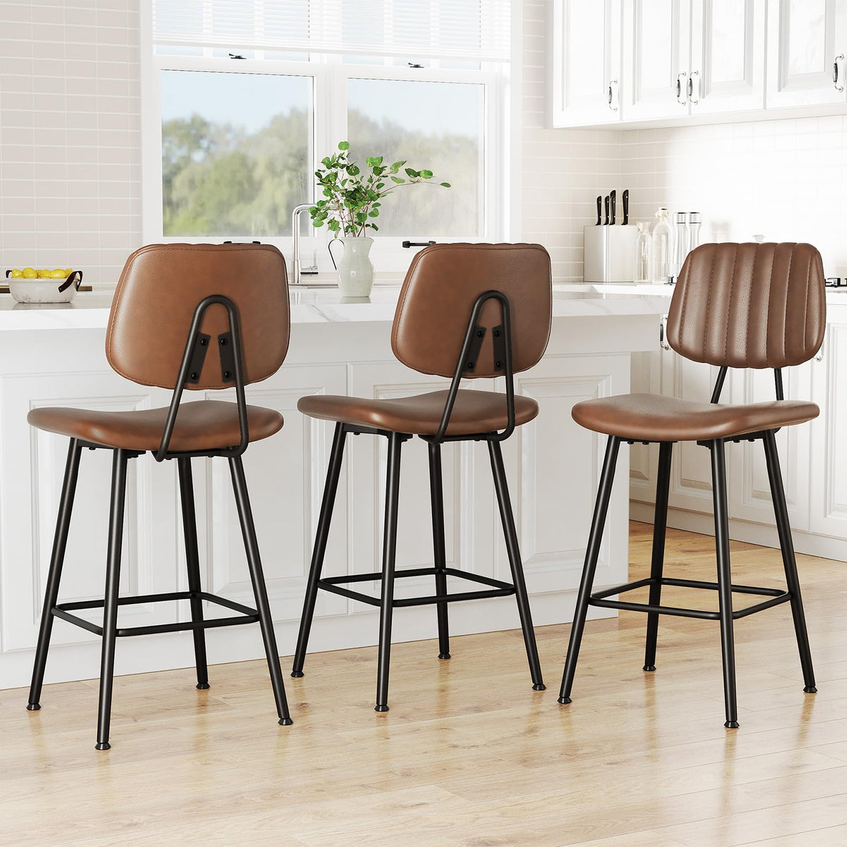 Raynesys 24-Inch Leather Bar Stools Set of 3 with High Backrest, Dark Brown
