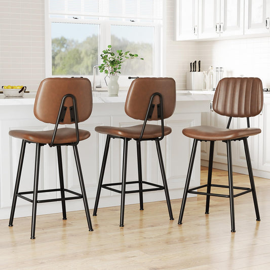 Raynesys 24-Inch Leather Bar Stools Set of 3 with High Backrest, Dark Brown