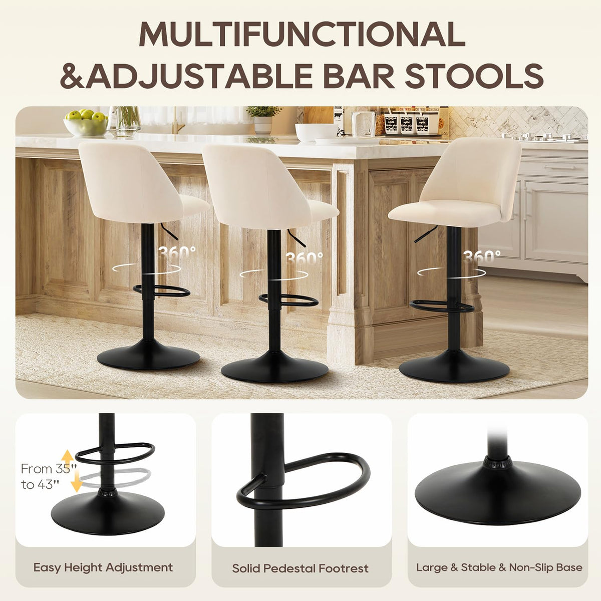 COLAMY Bar Stools Set of 2, Modern Swivel Bar Chairs, Adjustable Upholstered Barstools Counter Height with Full Backrest for Bar, Dining Room, Kitchen Island, Beige