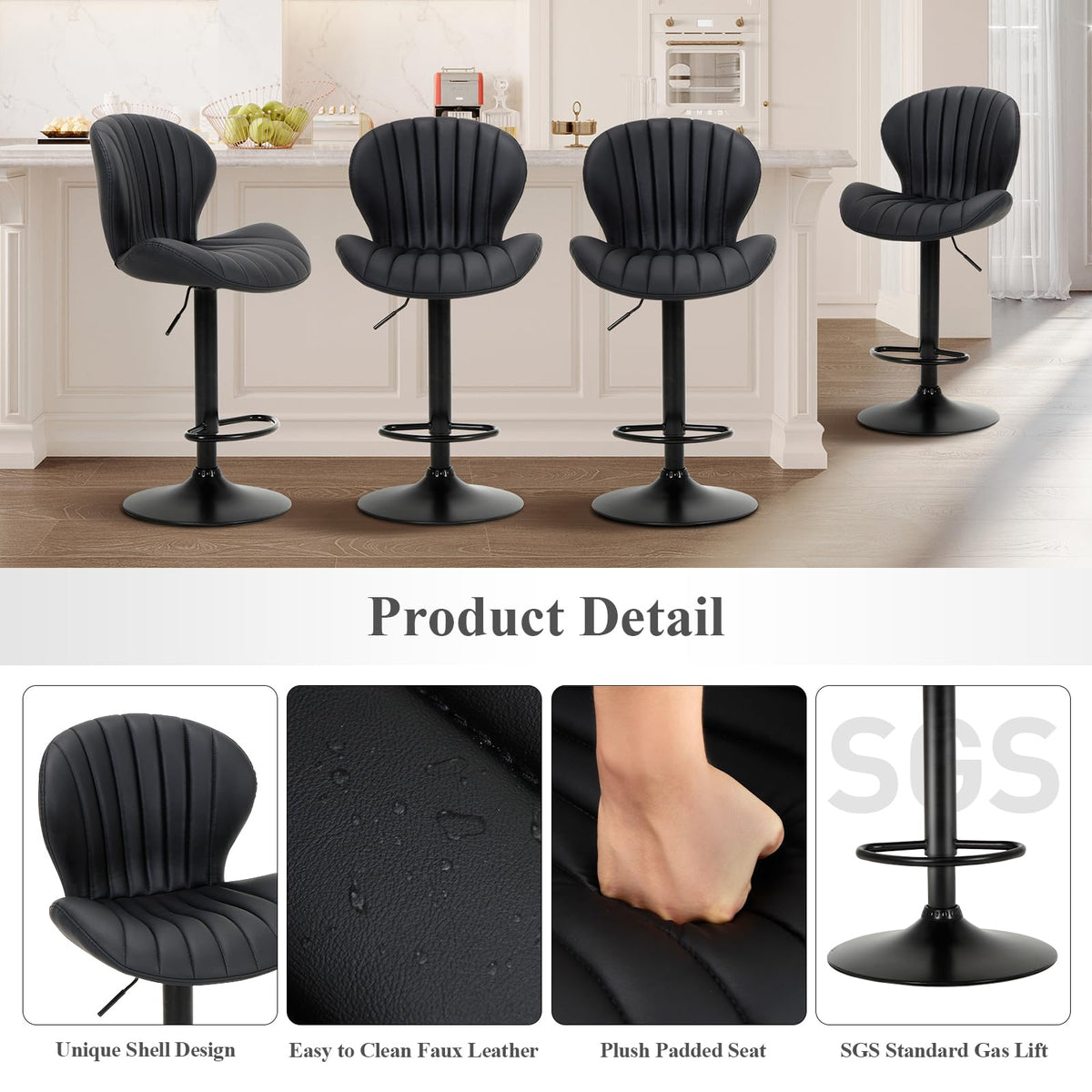 COLAMY Bar Stools Set of 4, Modern Swivel Bar Chairs, Adjustable Faux Leather Upholstered Barstools Counter Height with High Backrest for Bar, Kitchen Island, Dining Room, Black