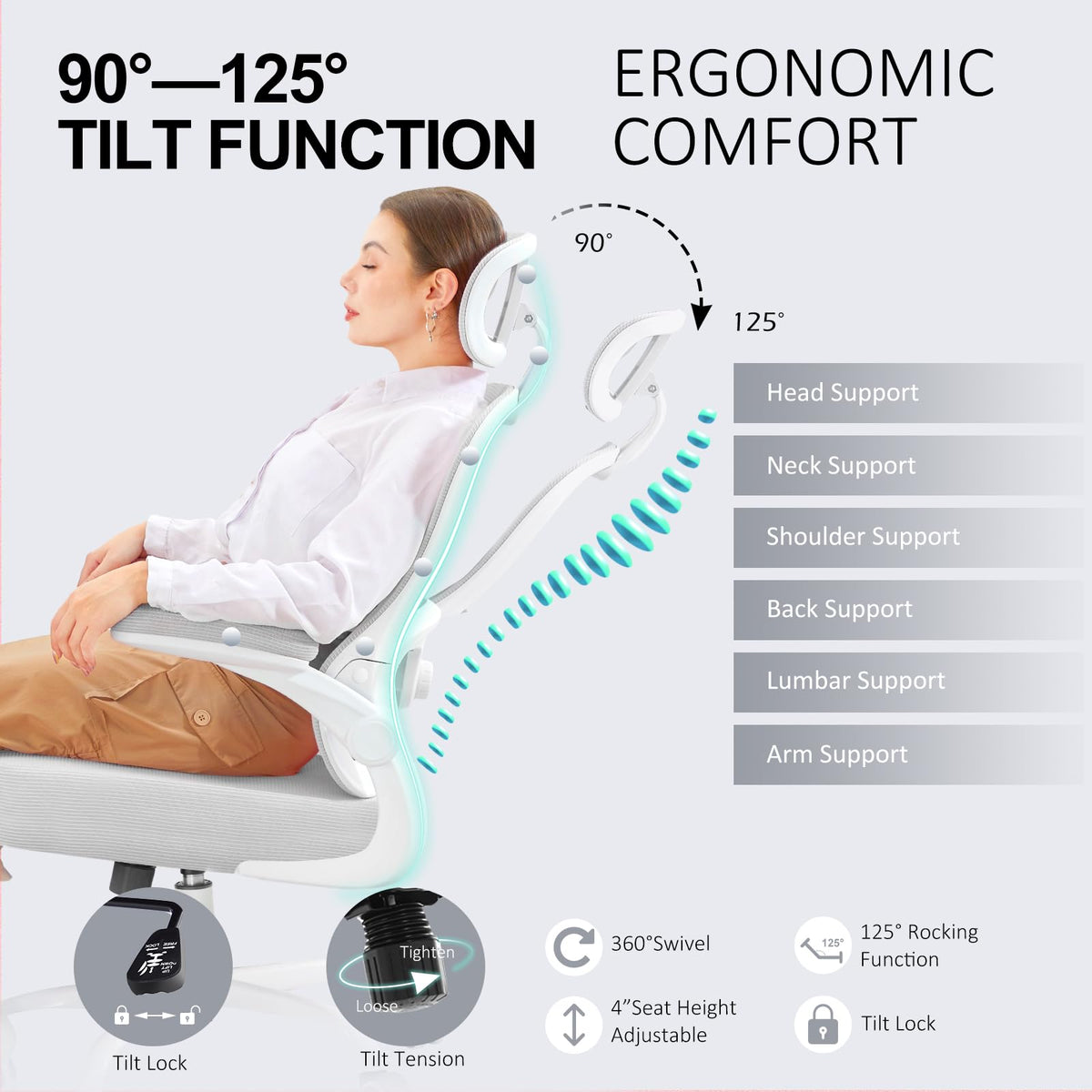 TUKAKA Ergonomic Office Chair,Ultra Thick Spring Cushion Desk Chair,Grey