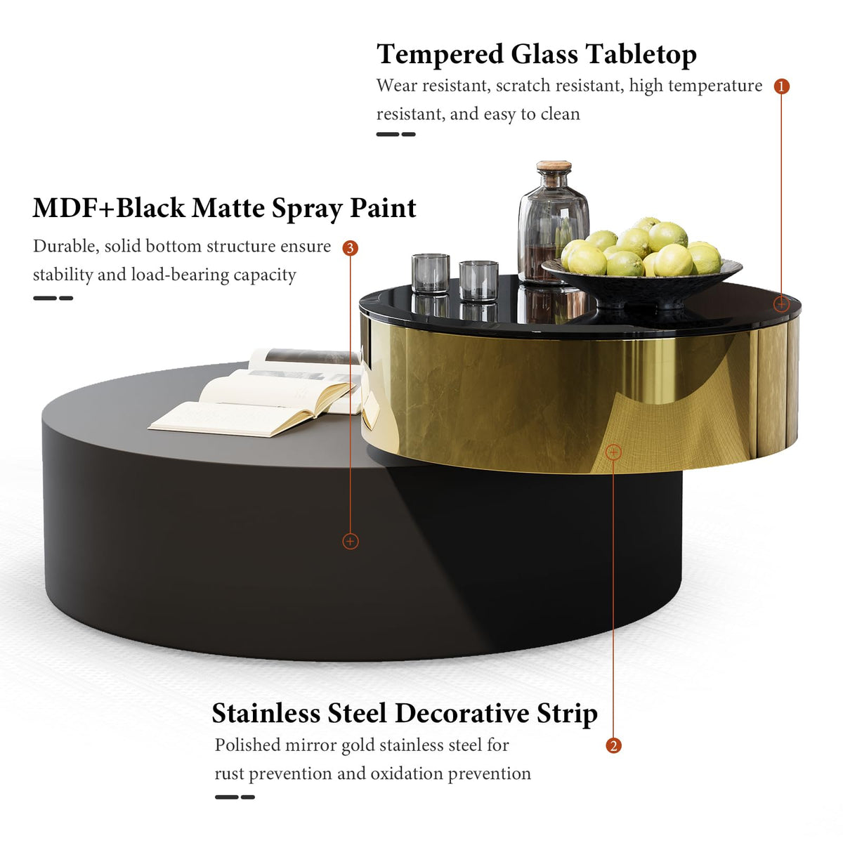 Black Round Rotatable Gold Top Coffee Table, 2 Tier Circle Coffee Table with 360° Swivel Top, 31.5 in Modern Luxury Center Table with Tempered Glass Tabletop for Living Room