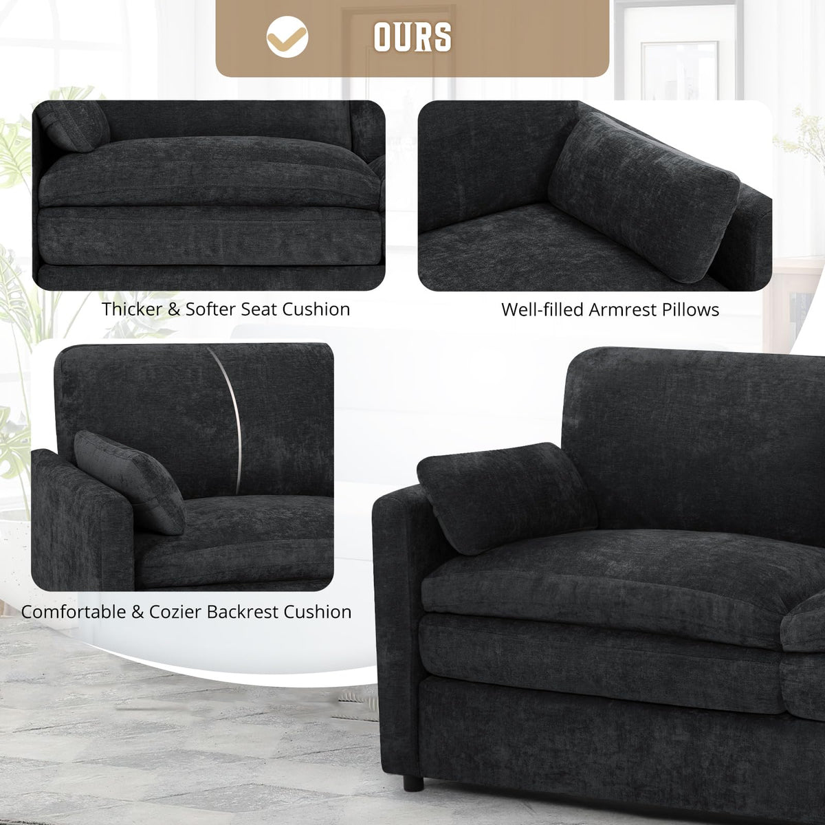 Lesofair 89" Chenille Soft Sofa w/Well-Filled Backrests, Black