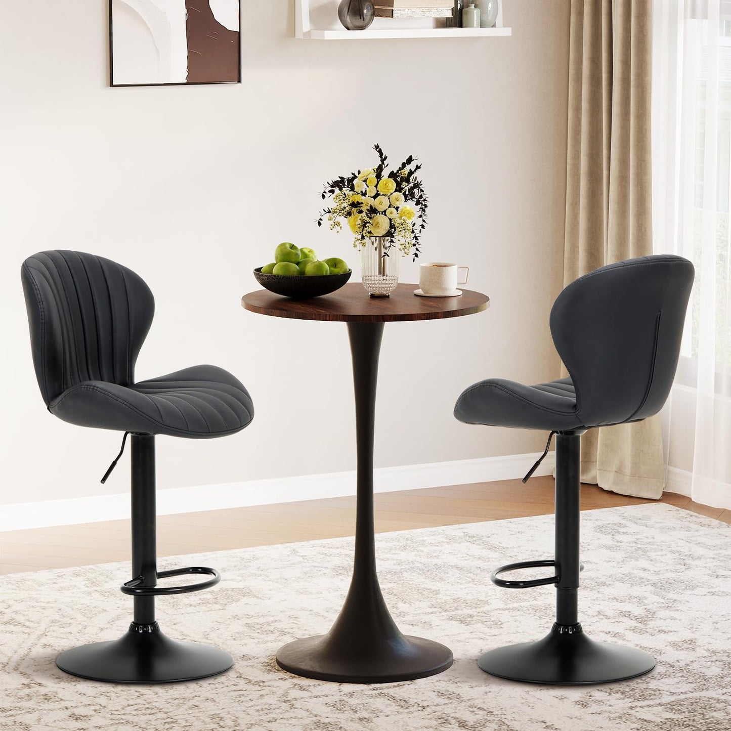 COLAMY Bar Stools Set of 4, Modern Swivel Bar Chairs, Adjustable Faux Leather Upholstered Barstools Counter Height with High Backrest for Bar, Kitchen Island, Dining Room, Black