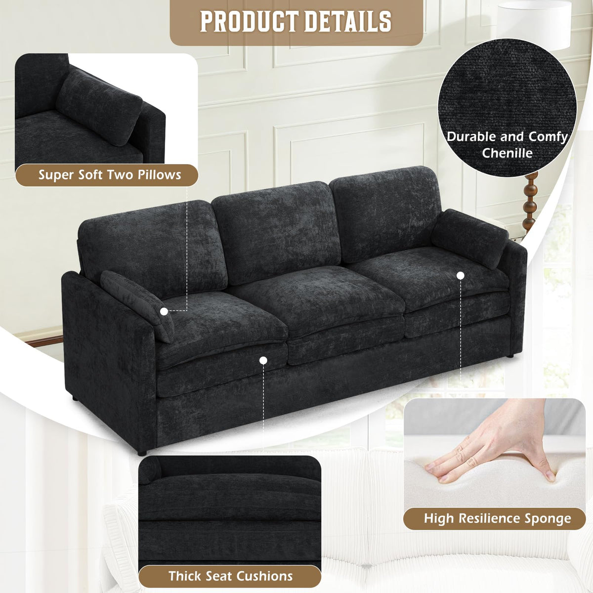Lesofair 89" Chenille Soft Sofa w/Well-Filled Backrests, Black