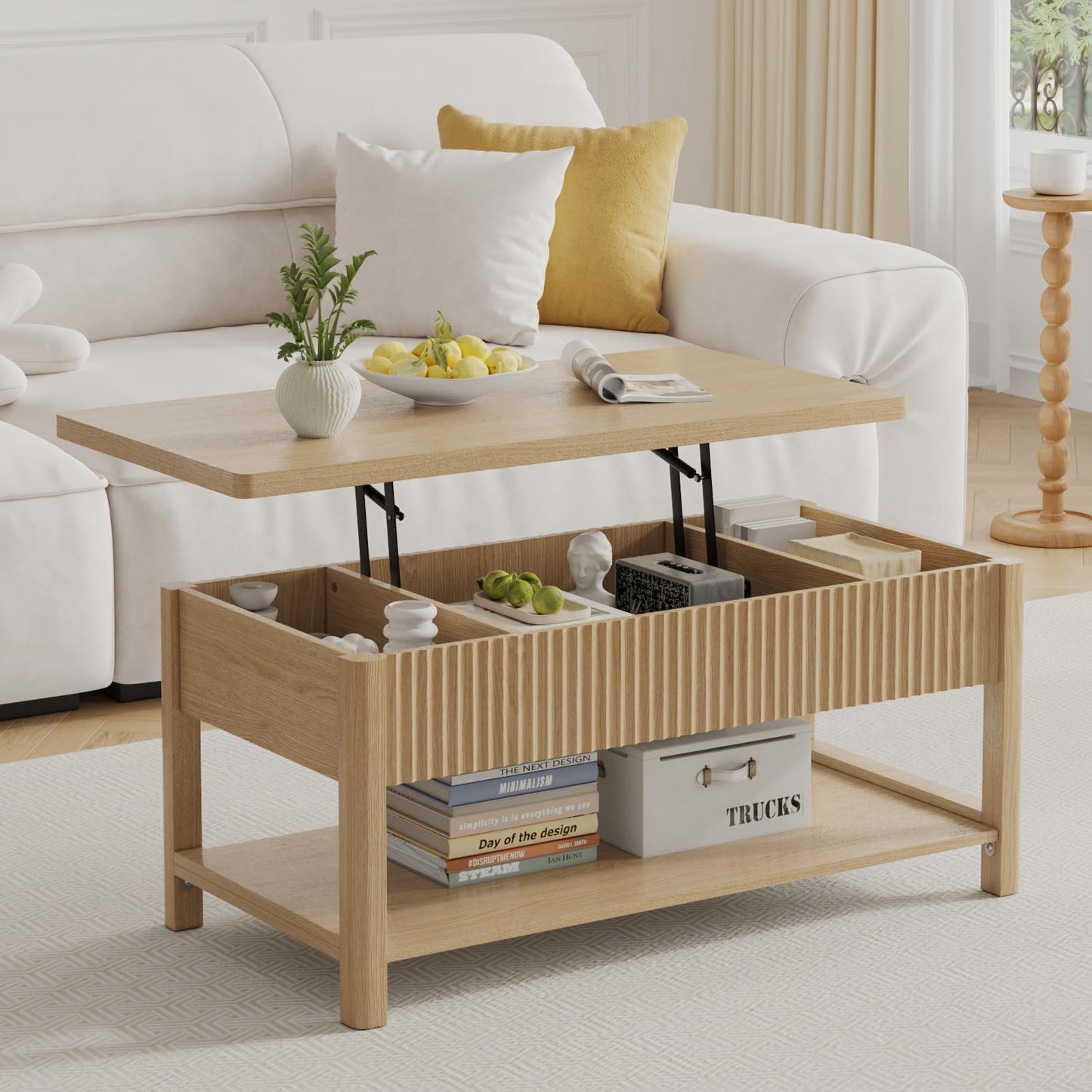 LenPiee Lift Top Coffee Table,Wooden Rectangle Coffee Table with Hidden Storage Compartment,Open Shelf,Solid Wood Legs,Suitable for Living Room,Office (B-Lift Coffee Table-Oak)