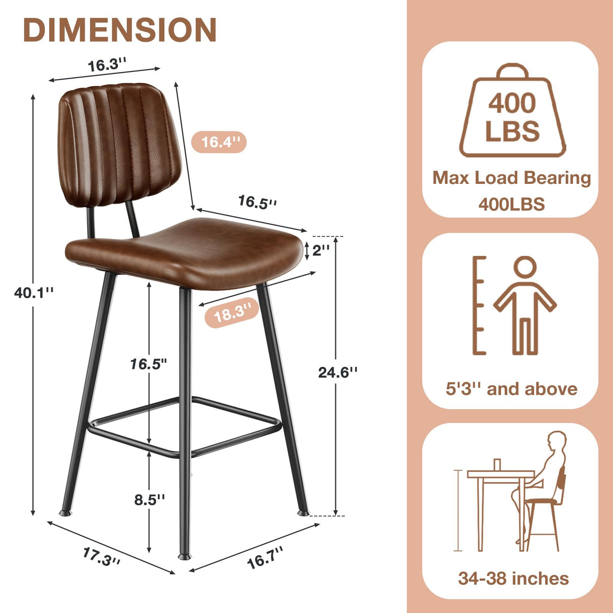 Raynesys 24-Inch Leather Bar Stools Set of 3 with High Backrest, Dark Brown