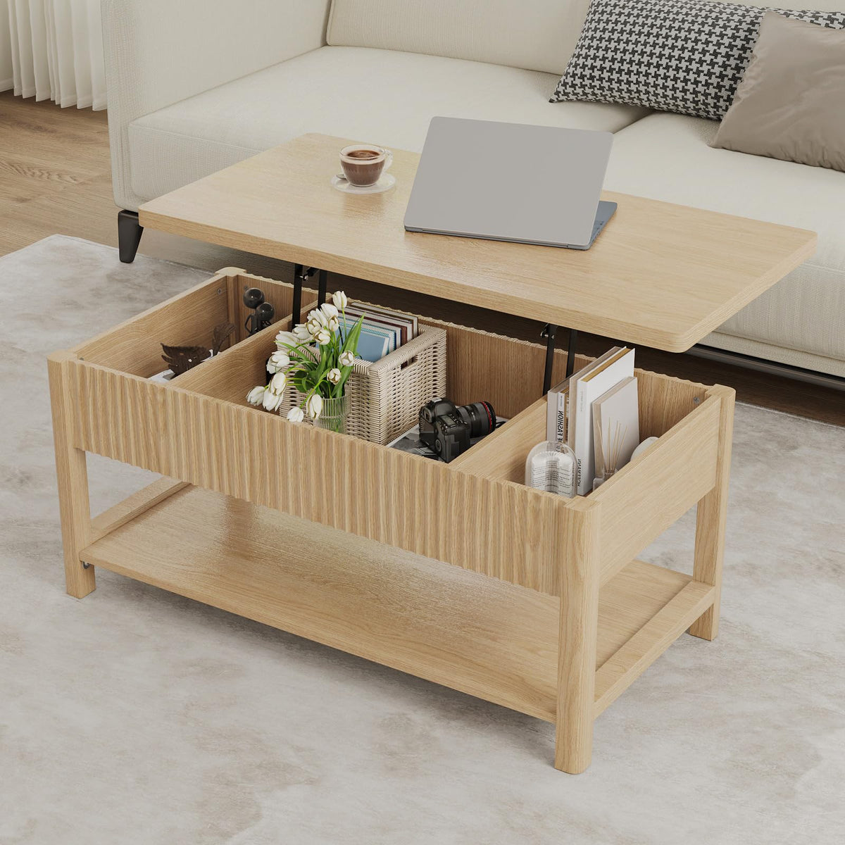 LenPiee Lift Top Coffee Table,Wooden Rectangle Coffee Table with Hidden Storage Compartment,Open Shelf,Solid Wood Legs,Suitable for Living Room,Office (B-Lift Coffee Table-Oak)
