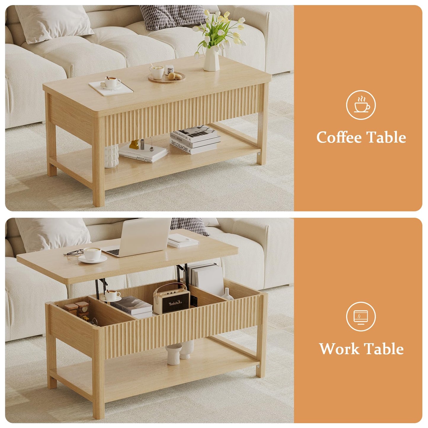 LenPiee Lift Top Coffee Table,Wooden Rectangle Coffee Table with Hidden Storage Compartment,Open Shelf,Solid Wood Legs,Suitable for Living Room,Office (B-Lift Coffee Table-Oak)