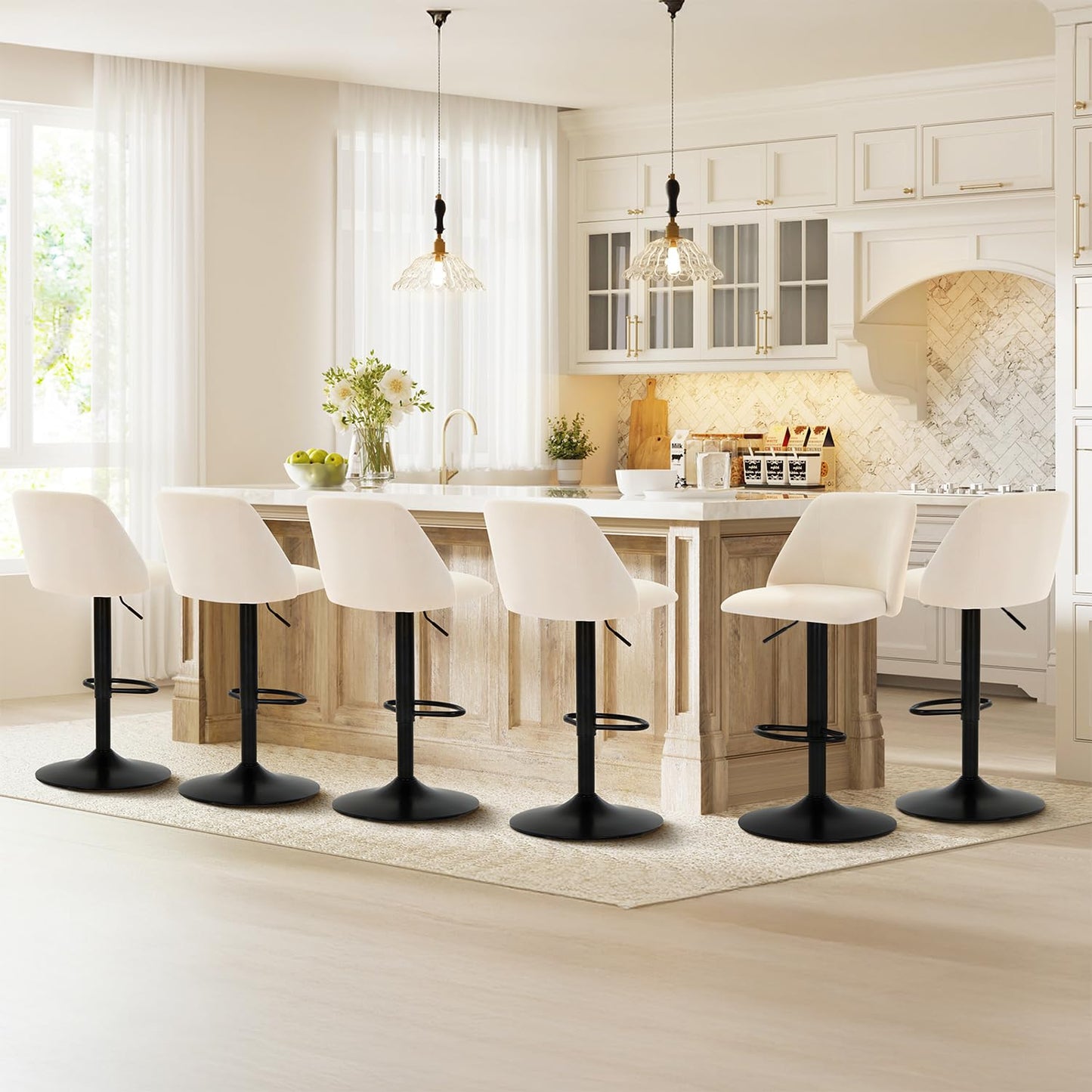 COLAMY Bar Stools Set of 2, Modern Swivel Bar Chairs, Adjustable Upholstered Barstools Counter Height with Full Backrest for Bar, Dining Room, Kitchen Island, Beige