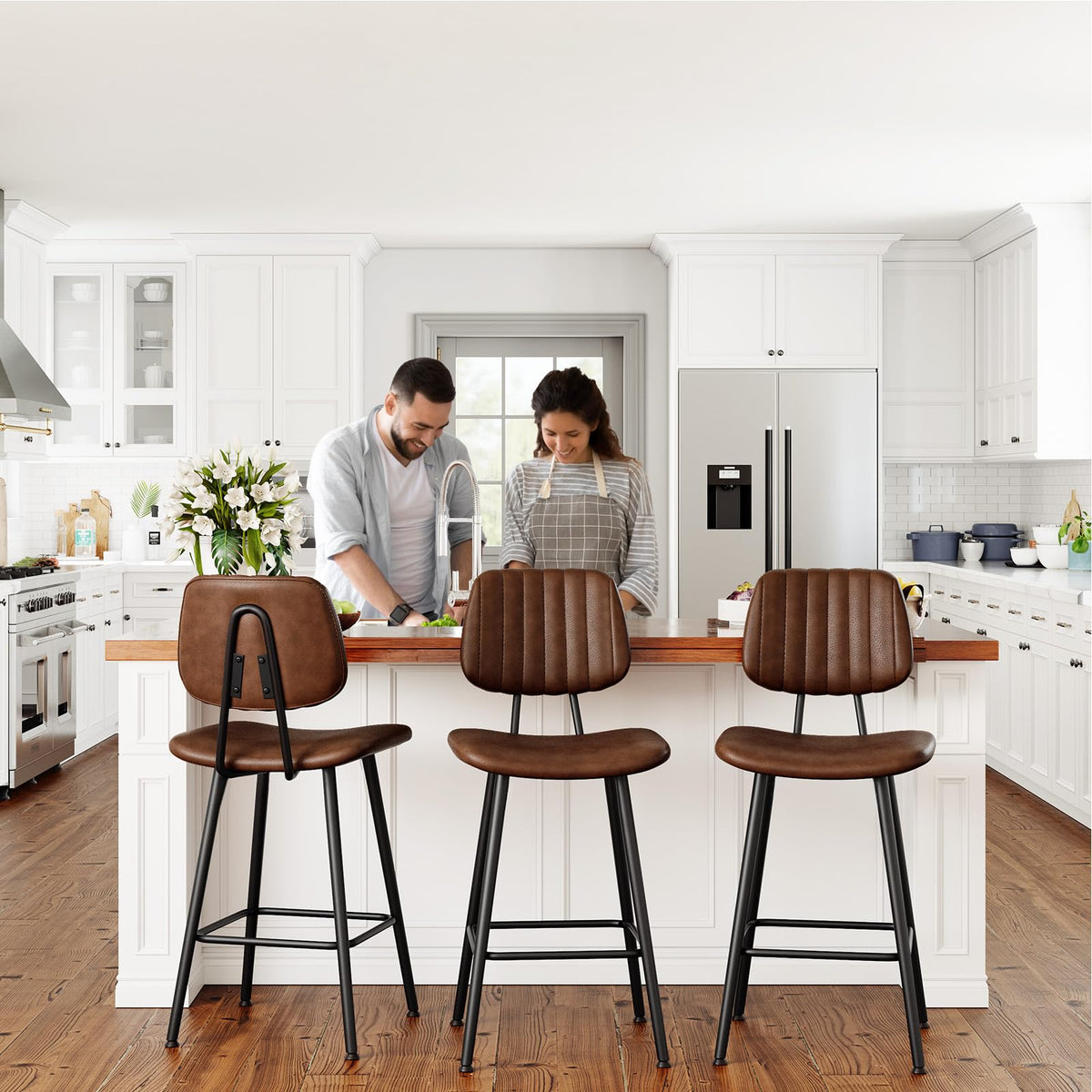 Raynesys 24-Inch Leather Bar Stools Set of 3 with High Backrest, Dark Brown