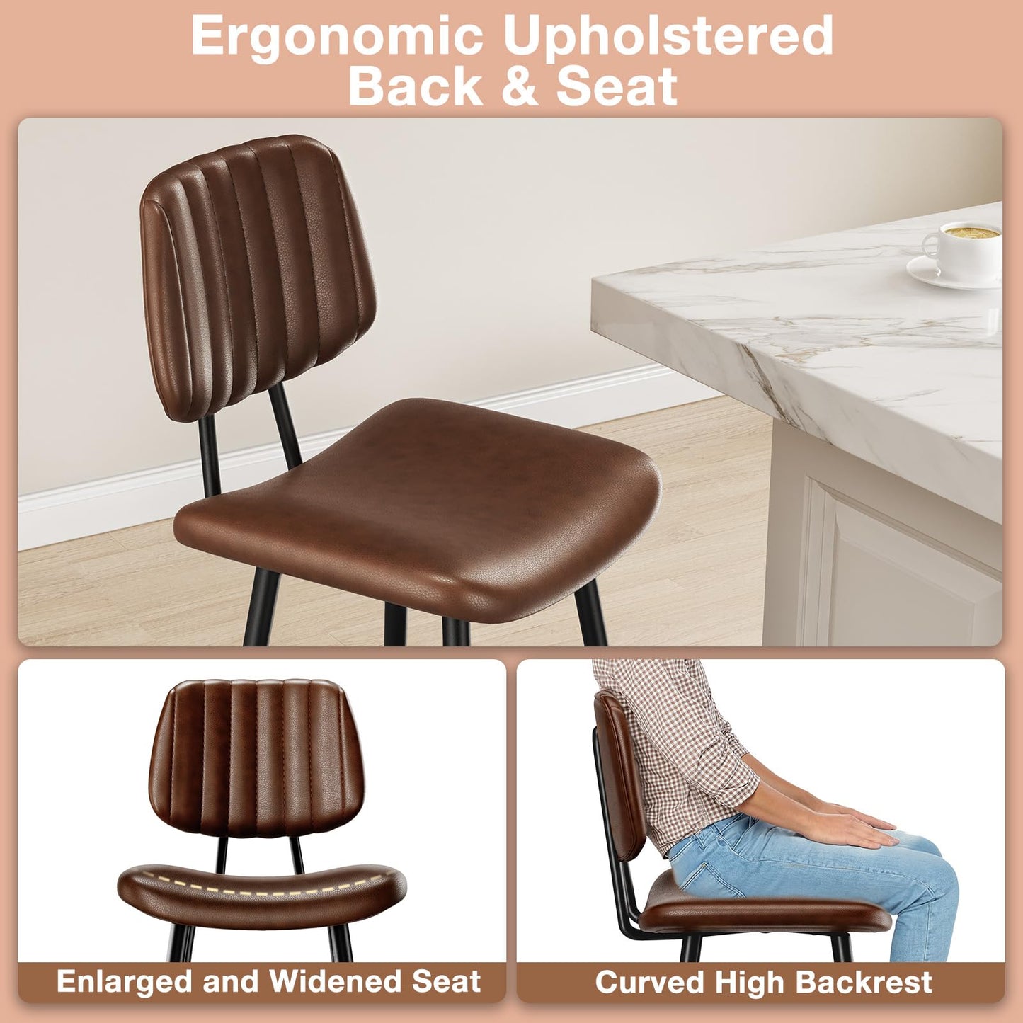 Raynesys 24-Inch Leather Bar Stools Set of 3 with High Backrest, Dark Brown