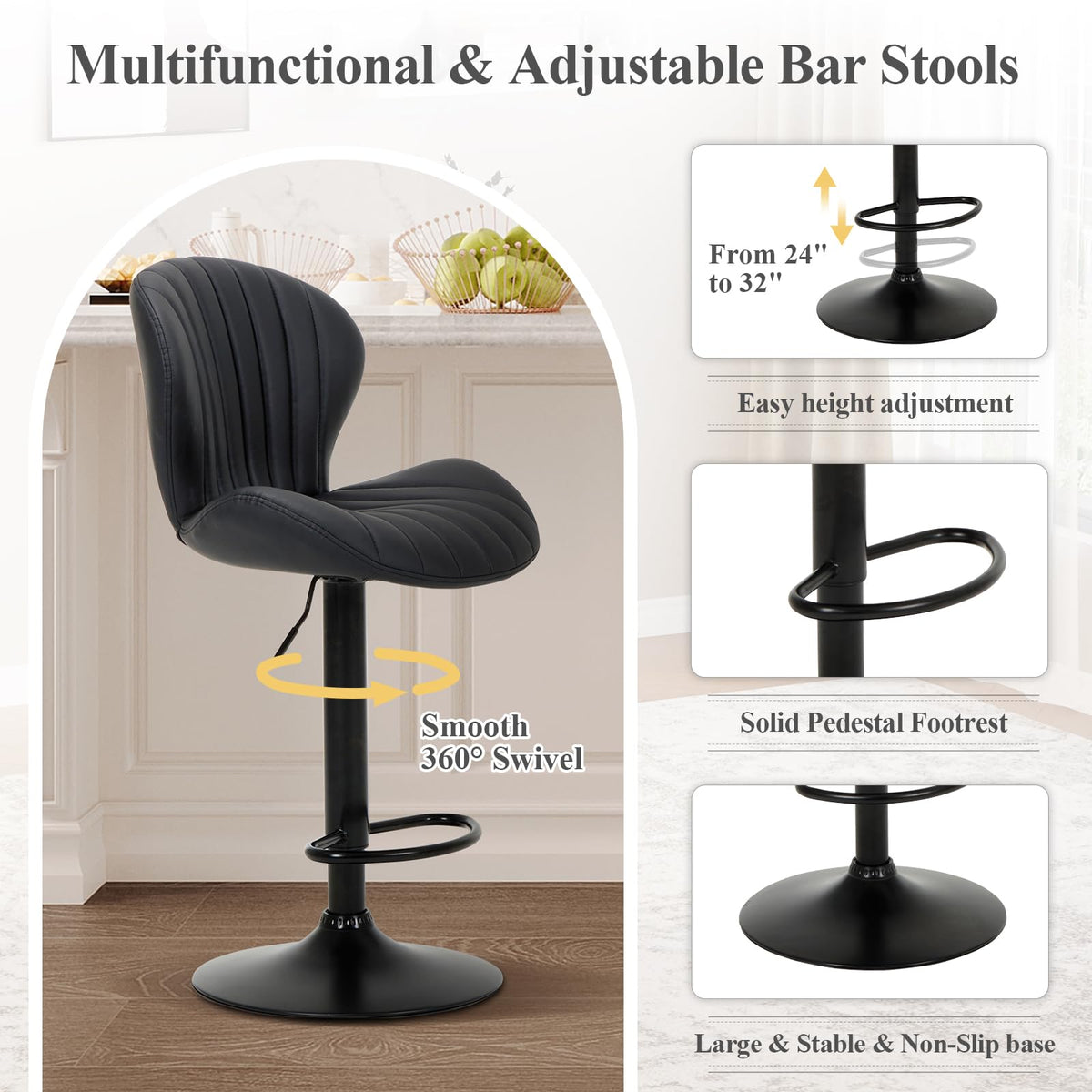 COLAMY Bar Stools Set of 4, Modern Swivel Bar Chairs, Adjustable Faux Leather Upholstered Barstools Counter Height with High Backrest for Bar, Kitchen Island, Dining Room, Black