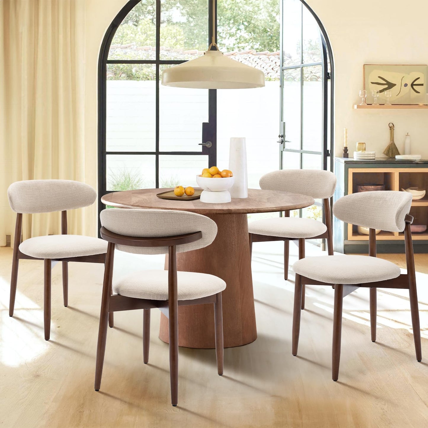 COLAMY Wooden Dining Chairs Set of 4, Modern Fabric Upholstered Kitchen Side Chairs, Farmhouse Dining Room Chair with Foot Pegs, Beige