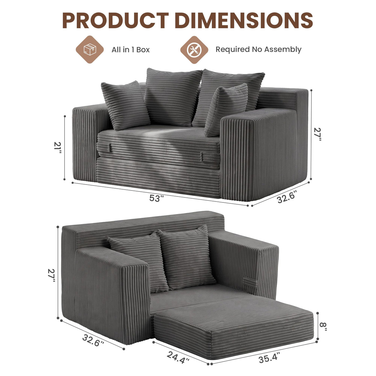 JUIKURY Boneless Mini Couch 53 Inch, 3-in-1 Gray Boneless Couches Covertible Sofa Bed with 4 Pillows, Small Couches for Living Room, Bedroom, Small Space