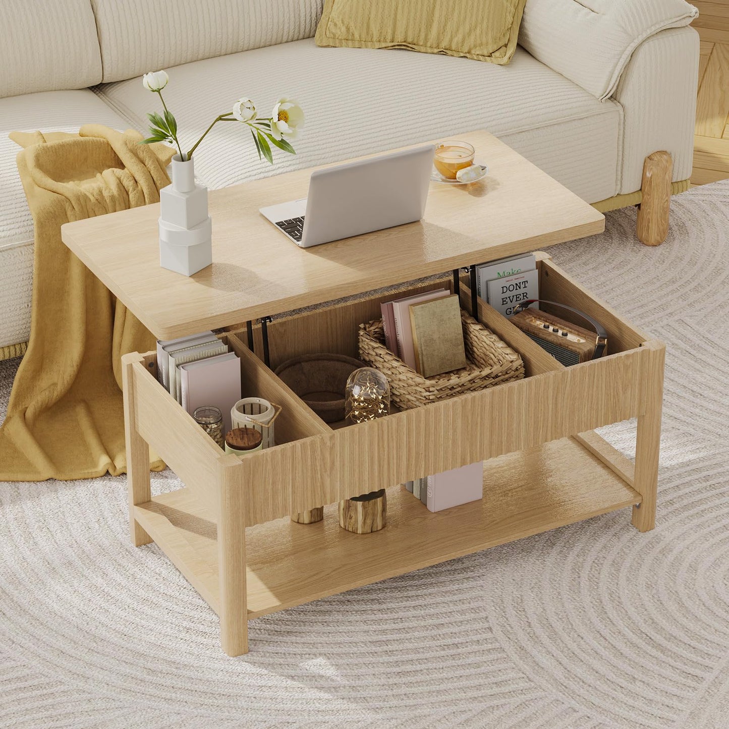 LenPiee Lift Top Coffee Table,Wooden Rectangle Coffee Table with Hidden Storage Compartment,Open Shelf,Solid Wood Legs,Suitable for Living Room,Office (B-Lift Coffee Table-Oak)
