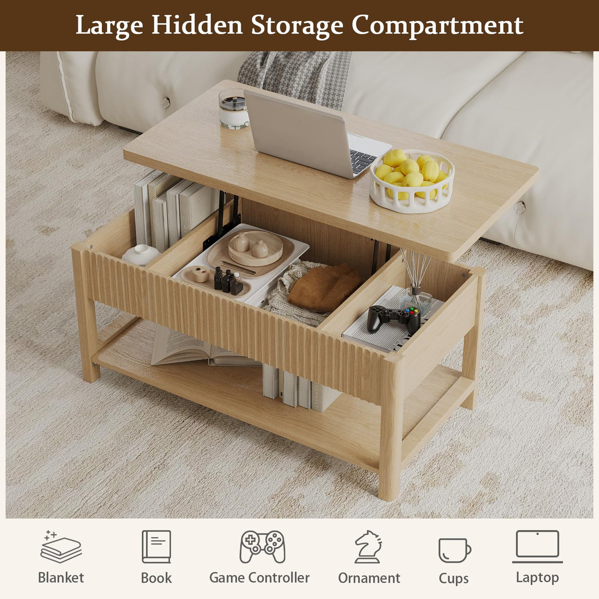 LenPiee Lift Top Coffee Table,Wooden Rectangle Coffee Table with Hidden Storage Compartment,Open Shelf,Solid Wood Legs,Suitable for Living Room,Office (B-Lift Coffee Table-Oak)