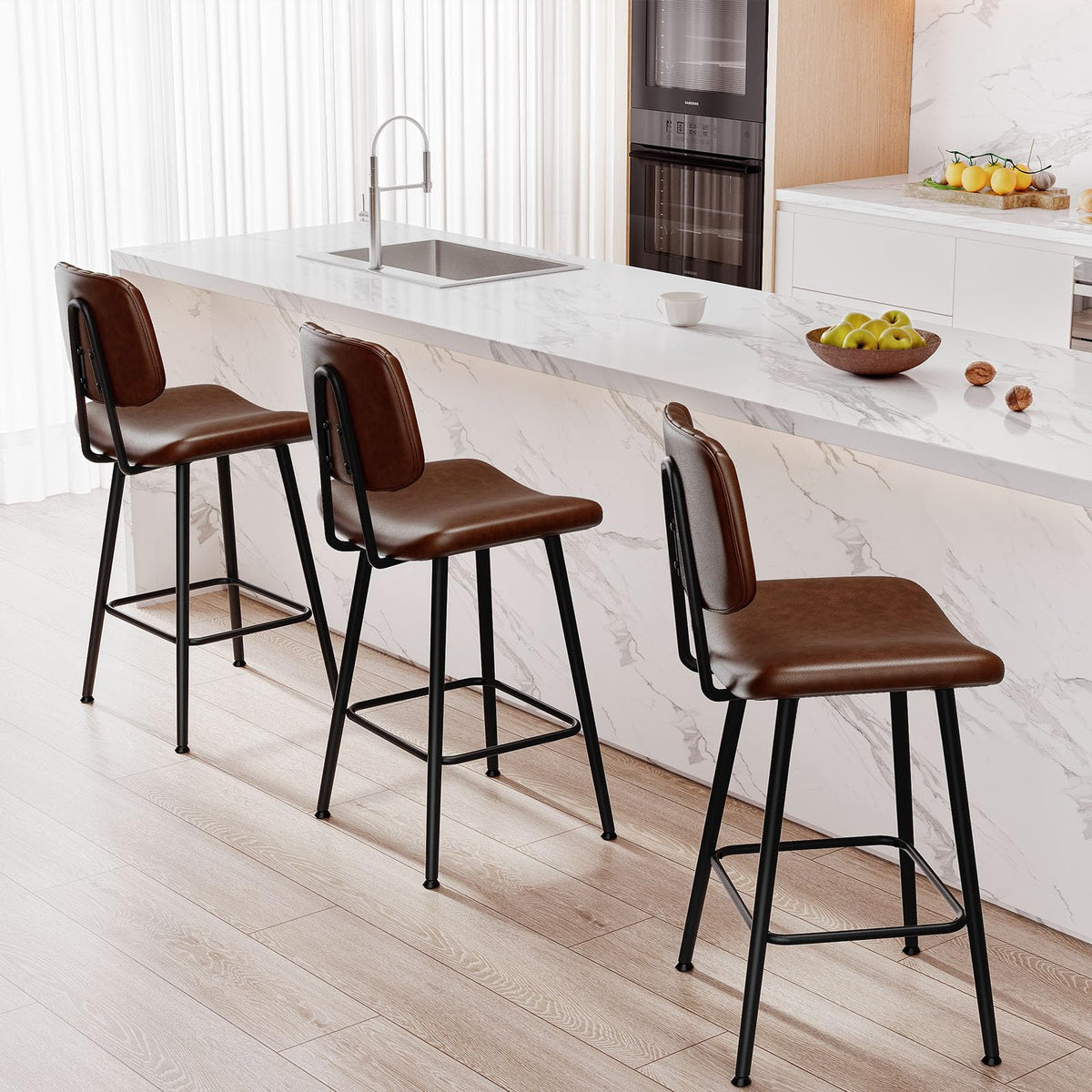 Raynesys 24-Inch Leather Bar Stools Set of 3 with High Backrest, Dark Brown