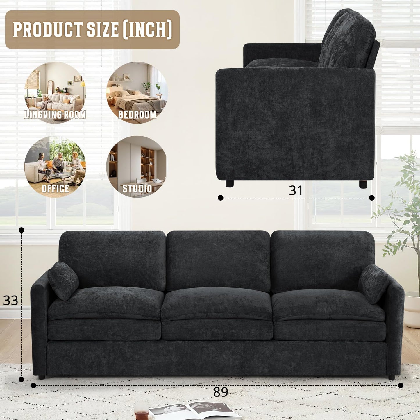 Lesofair 89" Chenille Soft Sofa w/Well-Filled Backrests, Black