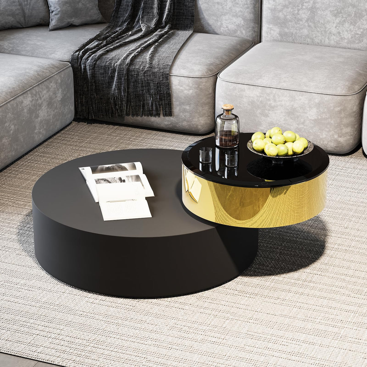 Black Round Rotatable Gold Top Coffee Table, 2 Tier Circle Coffee Table with 360° Swivel Top, 31.5 in Modern Luxury Center Table with Tempered Glass Tabletop for Living Room