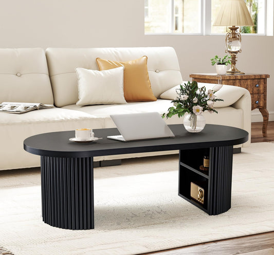 Oval Fluted Coffee Table, 47" Farmhouse Wood Coffee Table Mid Century Modern Center Table Boho Living Room Tables for Living Room Office,Black