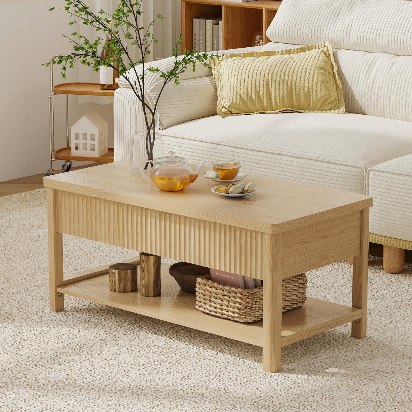 LenPiee Lift Top Coffee Table,Wooden Rectangle Coffee Table with Hidden Storage Compartment,Open Shelf,Solid Wood Legs,Suitable for Living Room,Office (B-Lift Coffee Table-Oak)