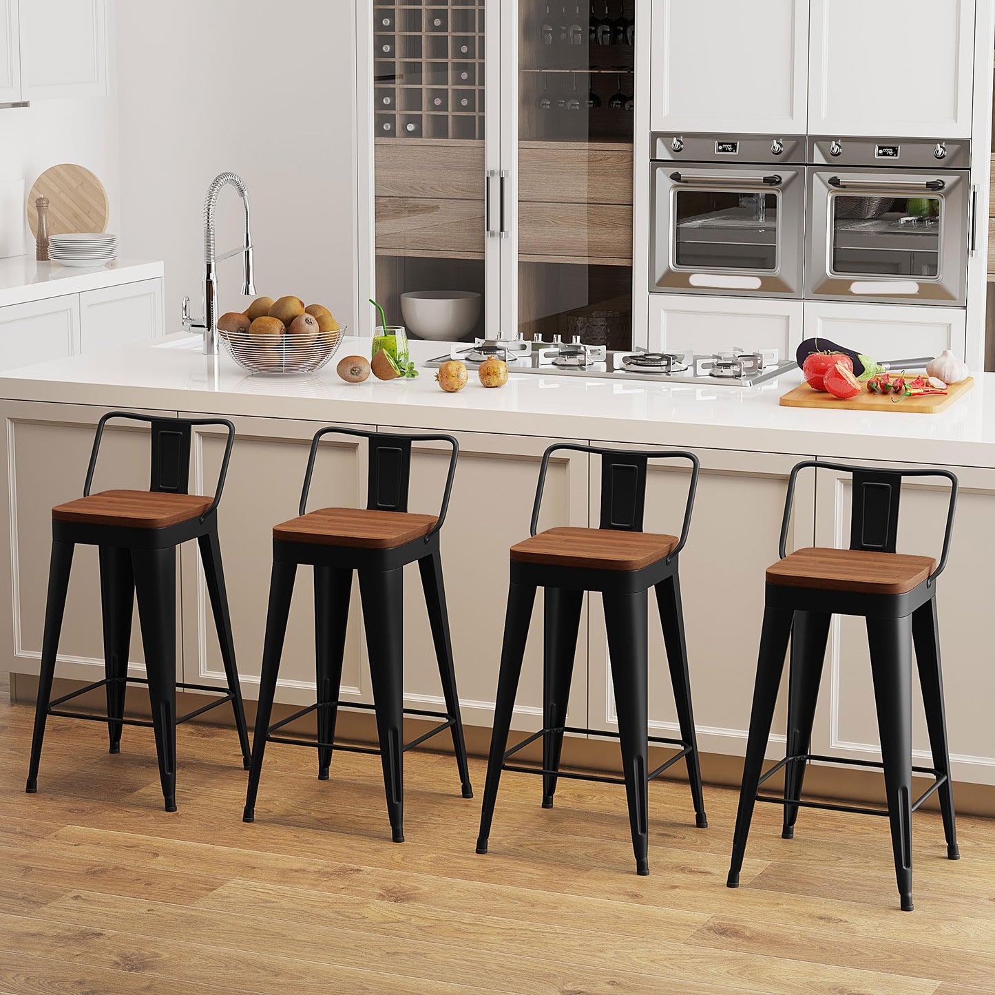 POINTANT Bar Stools Set of 4 Metal Bar Stool Counter Height Bar Stools 26" Black Modern Bar Chairs with Back and Wooden Seat Bar Stool Counter Height