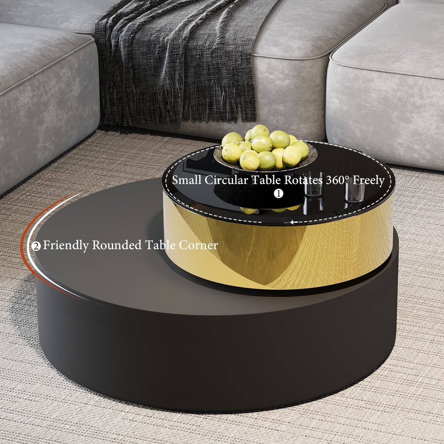 Black Round Rotatable Gold Top Coffee Table, 2 Tier Circle Coffee Table with 360° Swivel Top, 31.5 in Modern Luxury Center Table with Tempered Glass Tabletop for Living Room