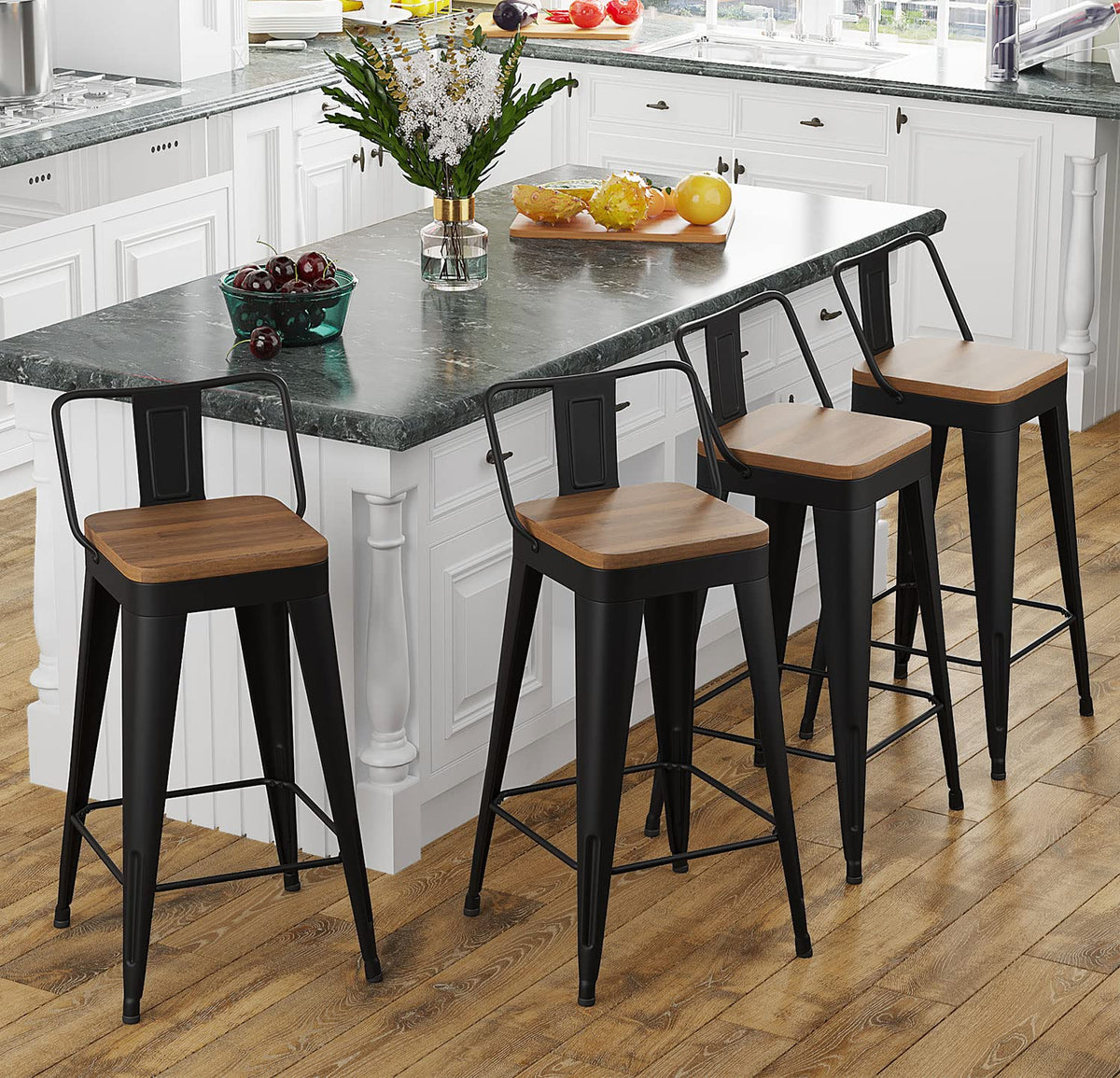 POINTANT Bar Stools Set of 4 Metal Bar Stool Counter Height Bar Stools 26" Black Modern Bar Chairs with Back and Wooden Seat Bar Stool Counter Height