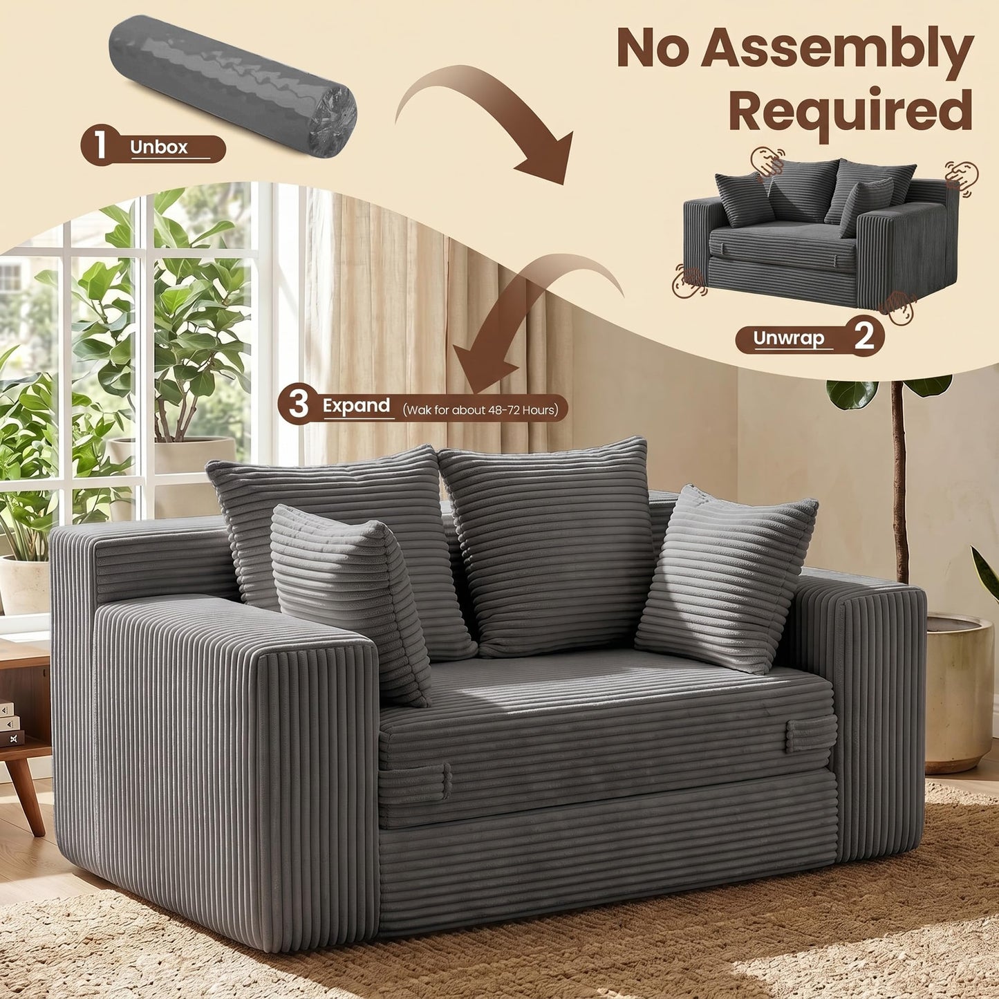 JUIKURY Boneless Mini Couch 53 Inch, 3-in-1 Gray Boneless Couches Covertible Sofa Bed with 4 Pillows, Small Couches for Living Room, Bedroom, Small Space