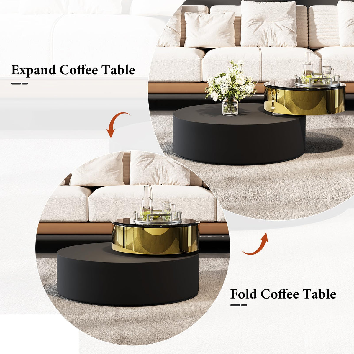 Black Round Rotatable Gold Top Coffee Table, 2 Tier Circle Coffee Table with 360° Swivel Top, 31.5 in Modern Luxury Center Table with Tempered Glass Tabletop for Living Room
