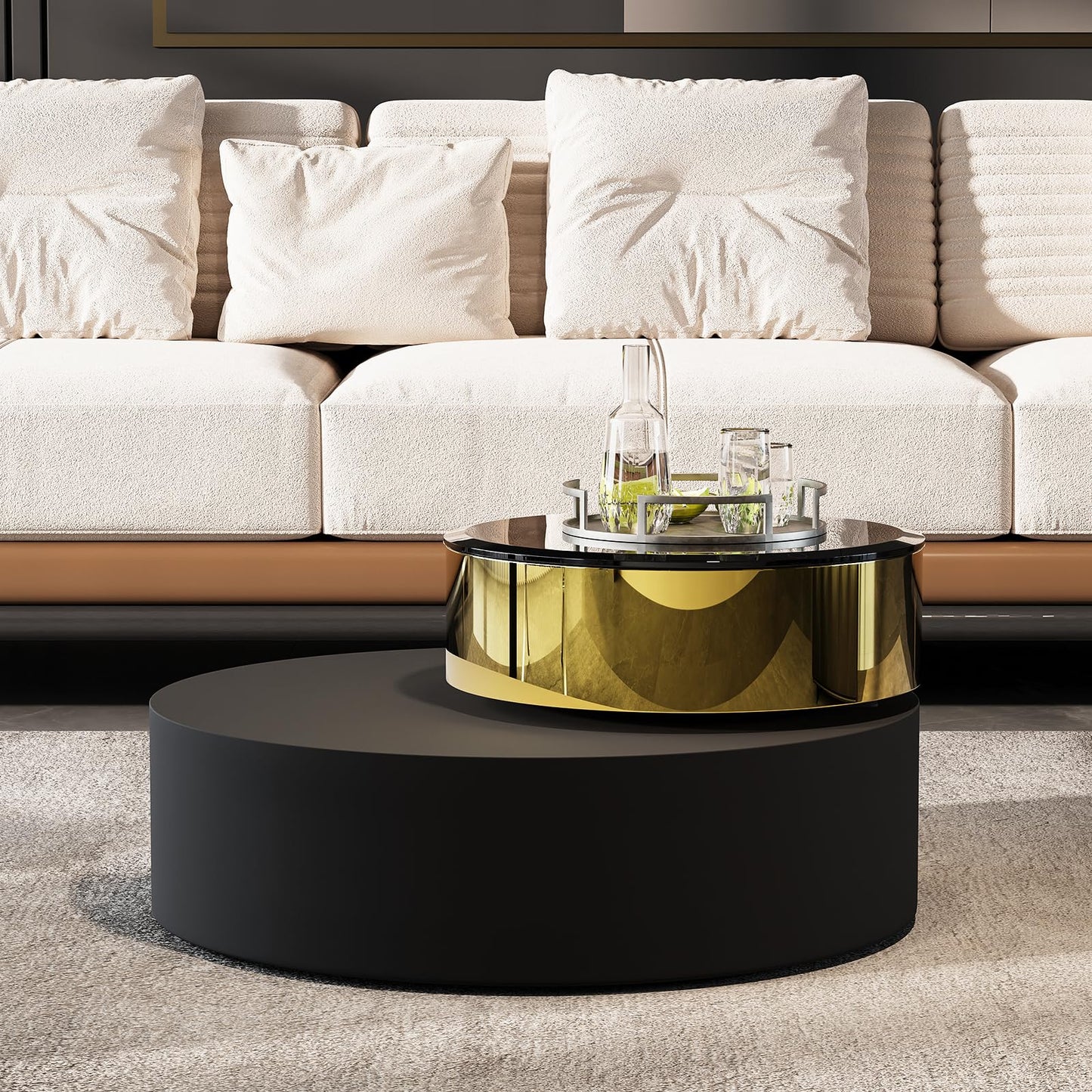 Black Round Rotatable Gold Top Coffee Table, 2 Tier Circle Coffee Table with 360° Swivel Top, 31.5 in Modern Luxury Center Table with Tempered Glass Tabletop for Living Room