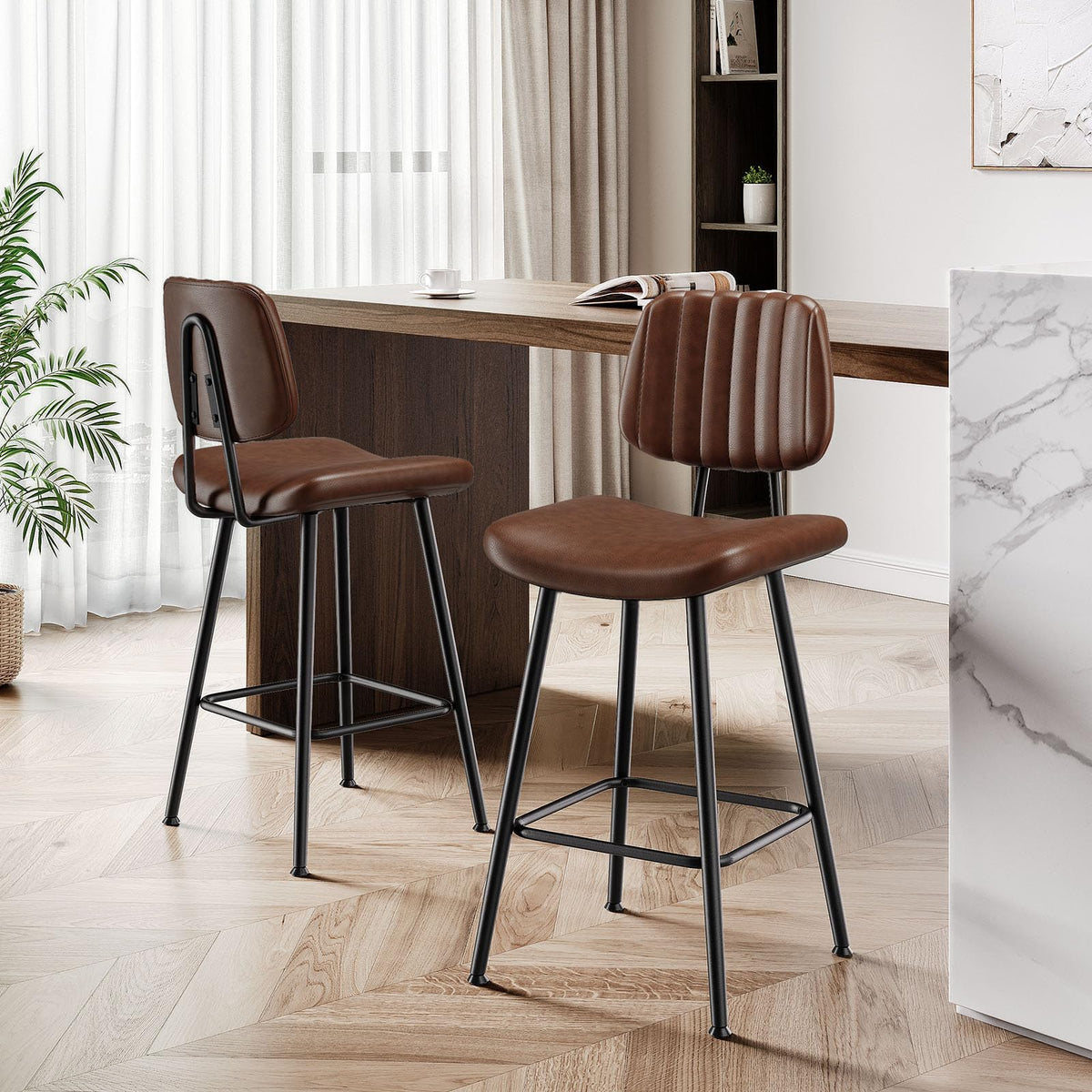Raynesys 24-Inch Leather Bar Stools Set of 3 with High Backrest, Dark Brown