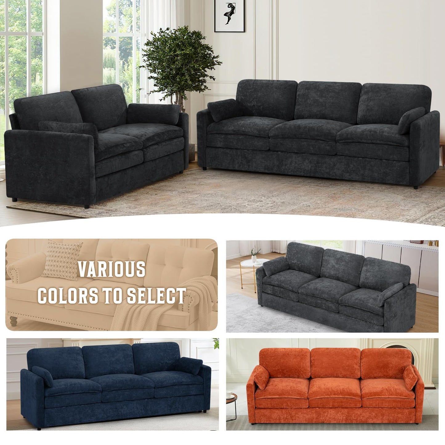 Lesofair 89" Chenille Soft Sofa w/Well-Filled Backrests, Black