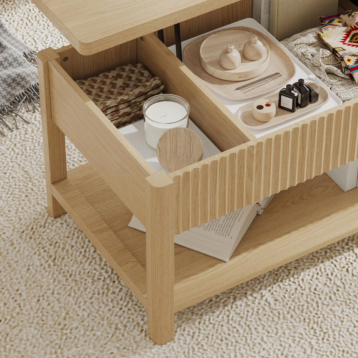 LenPiee Lift Top Coffee Table,Wooden Rectangle Coffee Table with Hidden Storage Compartment,Open Shelf,Solid Wood Legs,Suitable for Living Room,Office (B-Lift Coffee Table-Oak)