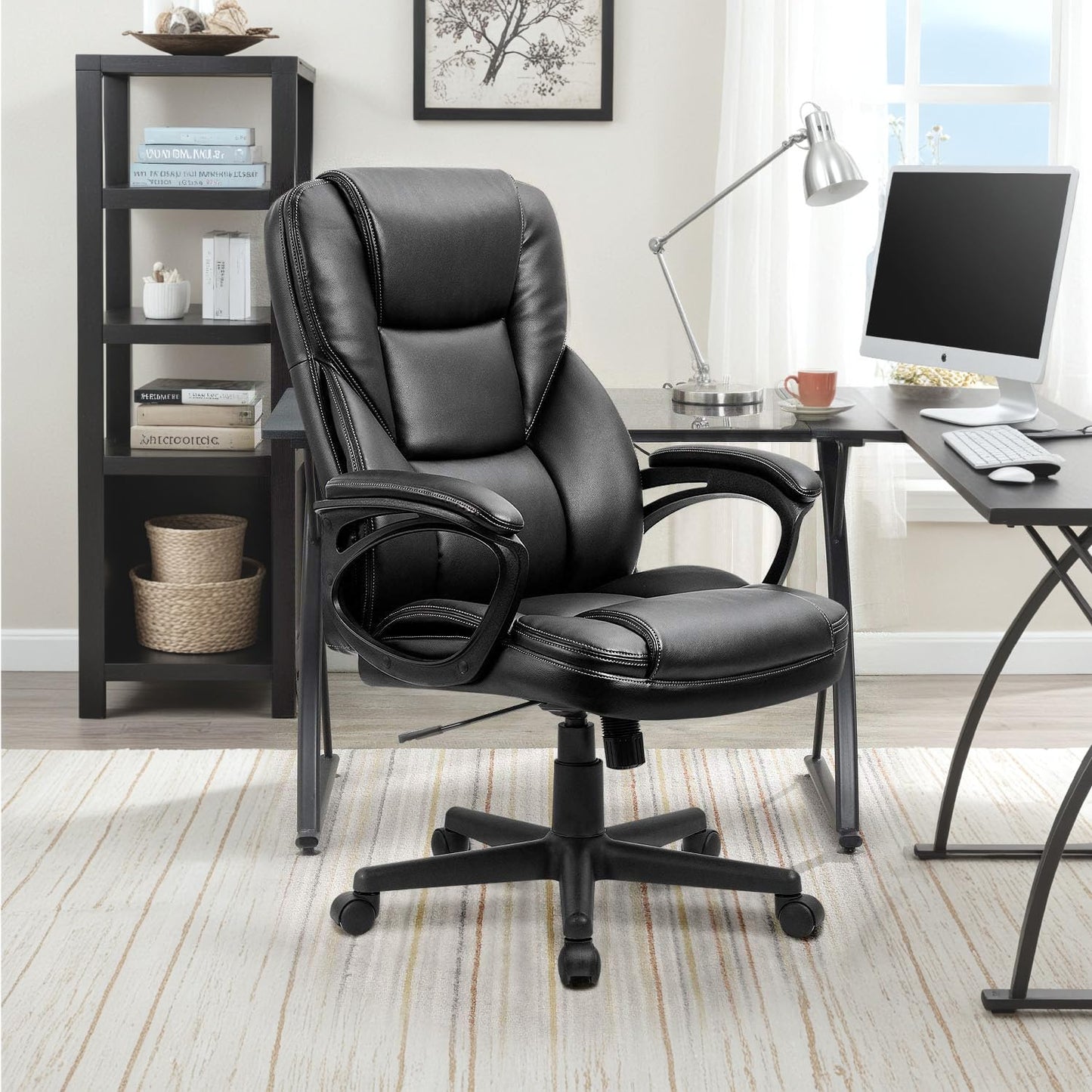 Furmax Office Executive Chair High Back Adjustable Managerial Home Desk Chair, Swivel Computer PU Leather Chair with Lumbar Support (1, Black)