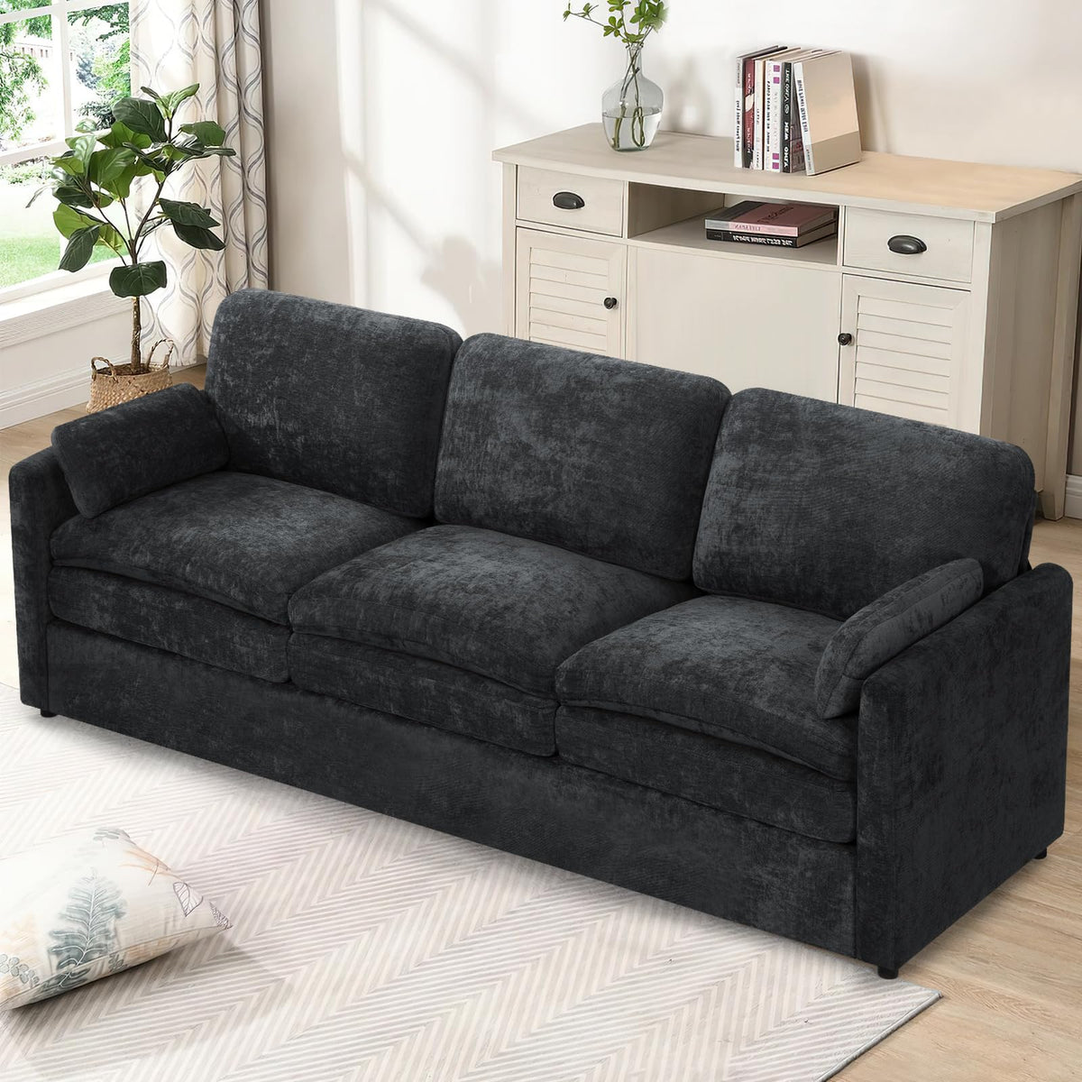 Lesofair 89" Chenille Soft Sofa w/Well-Filled Backrests, Black