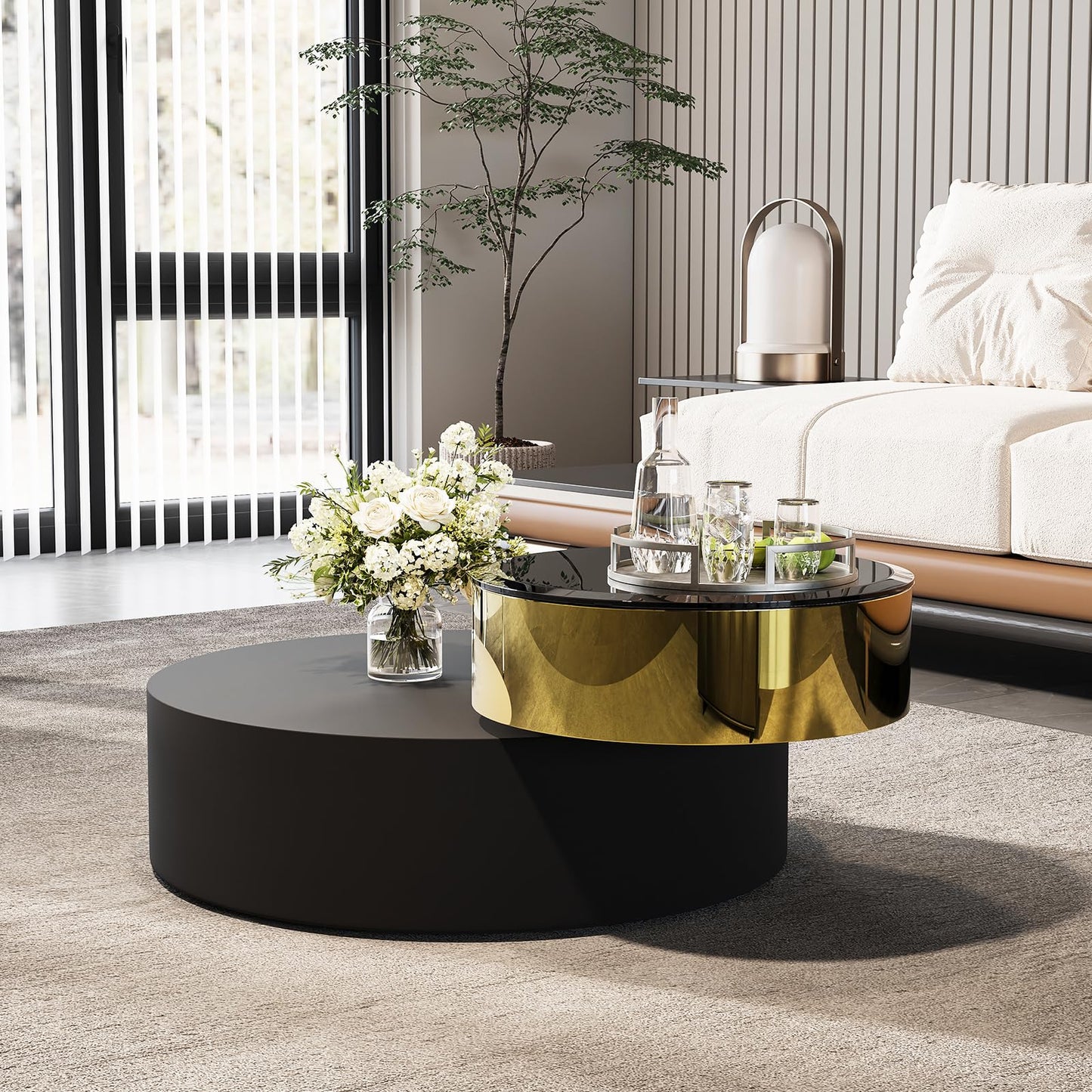 Black Round Rotatable Gold Top Coffee Table, 2 Tier Circle Coffee Table with 360° Swivel Top, 31.5 in Modern Luxury Center Table with Tempered Glass Tabletop for Living Room