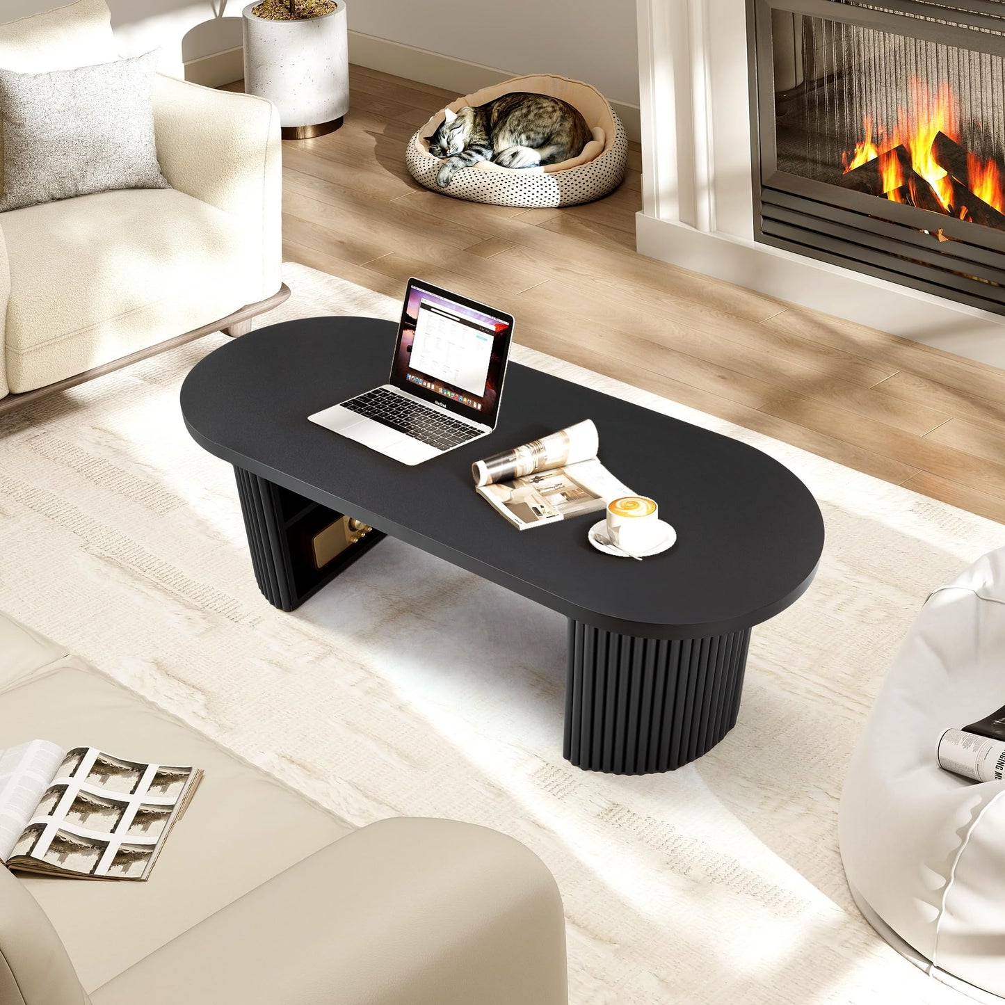 Oval Fluted Coffee Table, 47" Farmhouse Wood Coffee Table Mid Century Modern Center Table Boho Living Room Tables for Living Room Office,Black