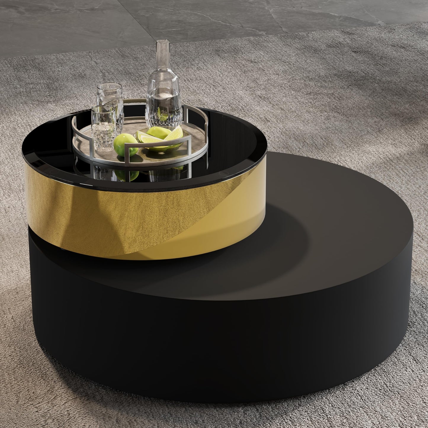 Black Round Rotatable Gold Top Coffee Table, 2 Tier Circle Coffee Table with 360° Swivel Top, 31.5 in Modern Luxury Center Table with Tempered Glass Tabletop for Living Room