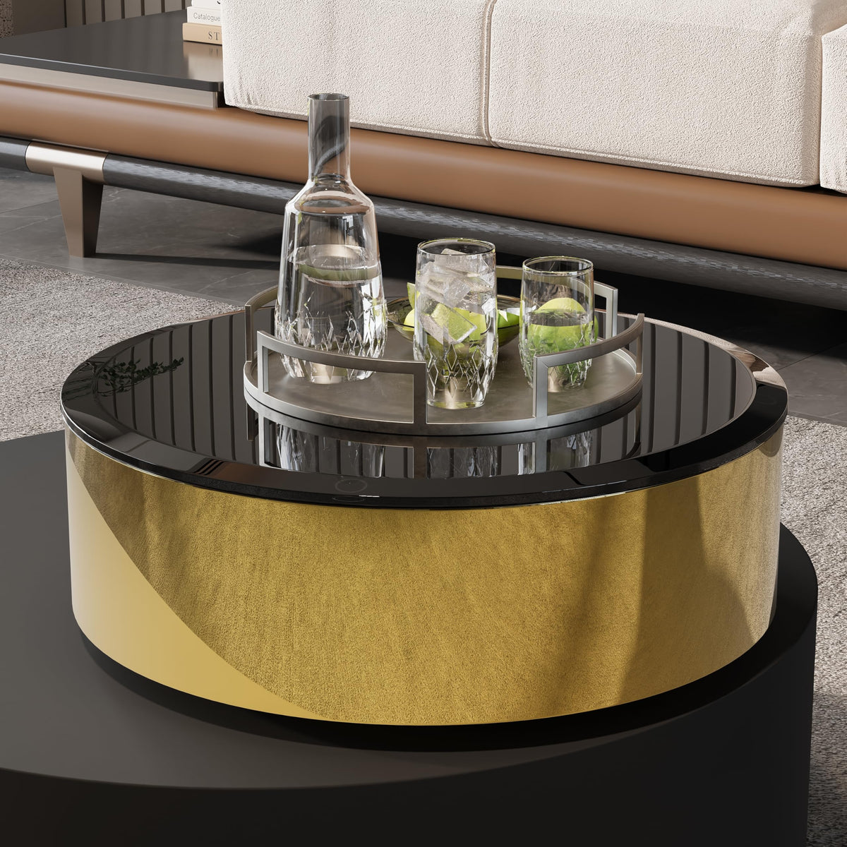 Black Round Rotatable Gold Top Coffee Table, 2 Tier Circle Coffee Table with 360° Swivel Top, 31.5 in Modern Luxury Center Table with Tempered Glass Tabletop for Living Room