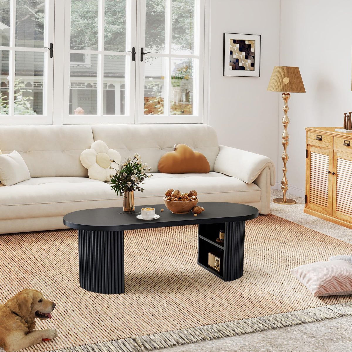 Oval Fluted Coffee Table, 47" Farmhouse Wood Coffee Table Mid Century Modern Center Table Boho Living Room Tables for Living Room Office,Black