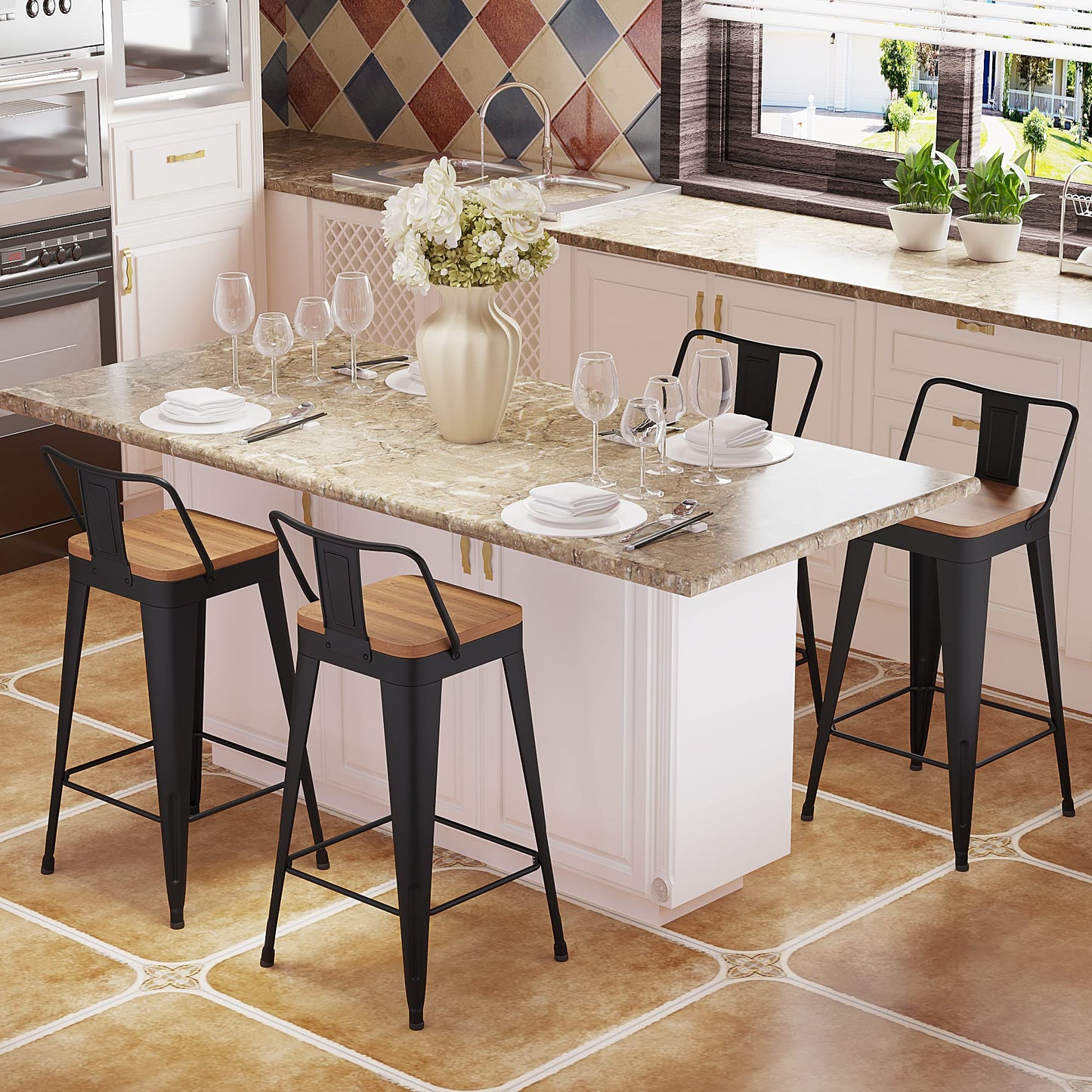 POINTANT Bar Stools Set of 4 Metal Bar Stool Counter Height Bar Stools 26" Black Modern Bar Chairs with Back and Wooden Seat Bar Stool Counter Height