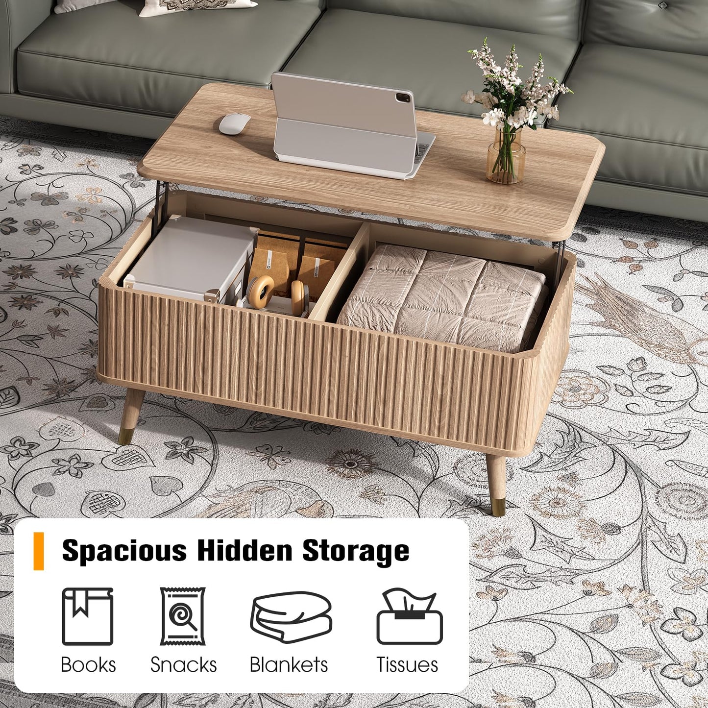 Vanvuson Lift Top Coffee Table with Storage for Living Room,38",Natural Oak